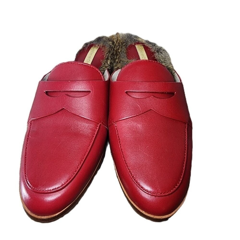Louise et Cie Dugan II Red Leather Rabbit Fur Lined Mule Loafers 7.5M NWOB
